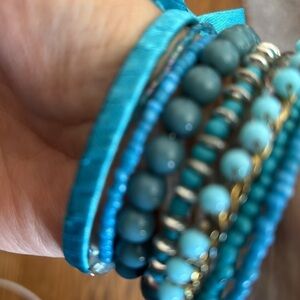 Turquoise blue bracelets stack and blue plastic ring